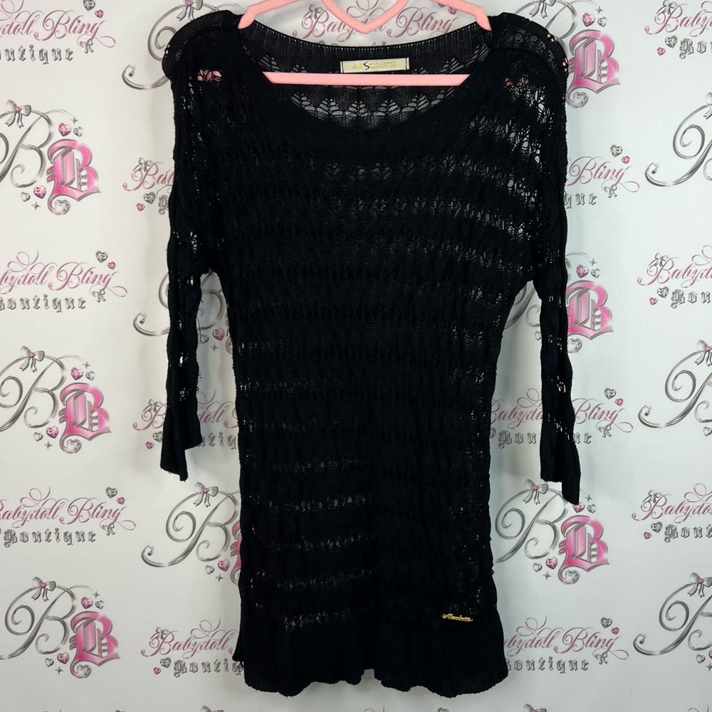 Absolutti long sleeve crochet knit top gold emblem knitted Black Lace Top